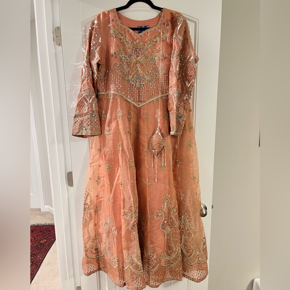 Peach Embellished Formal Gown with Intricate Gold Embroidery